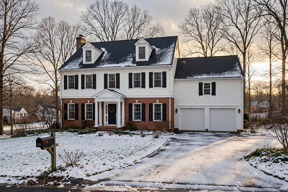 Colonial-style home in Ashburn, VA in winter