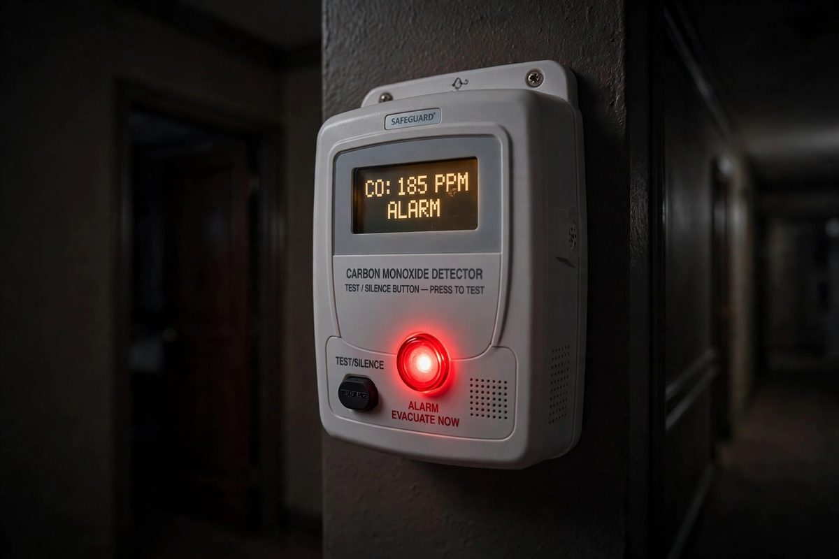 Carbon monoxide detector sounding an alarm