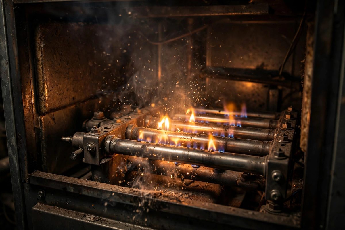 Dust burning off furnace burners at startup