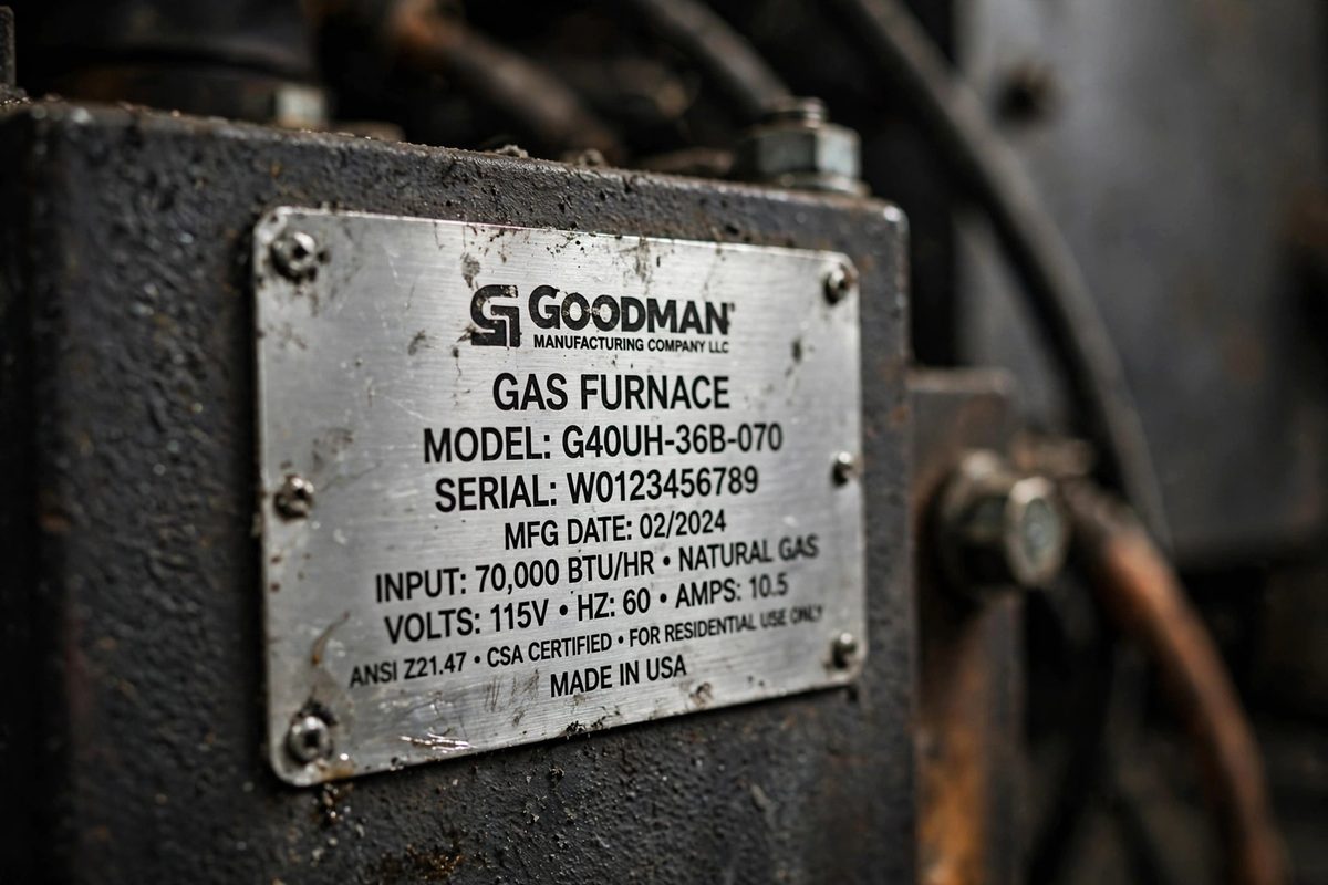 Furnace nameplate showing model details