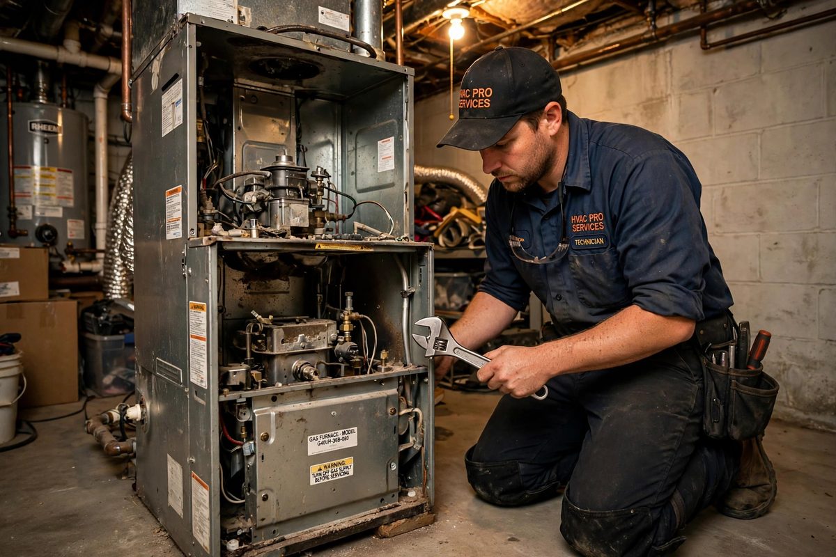 Technician repairing a gas furnace in a Herndon home